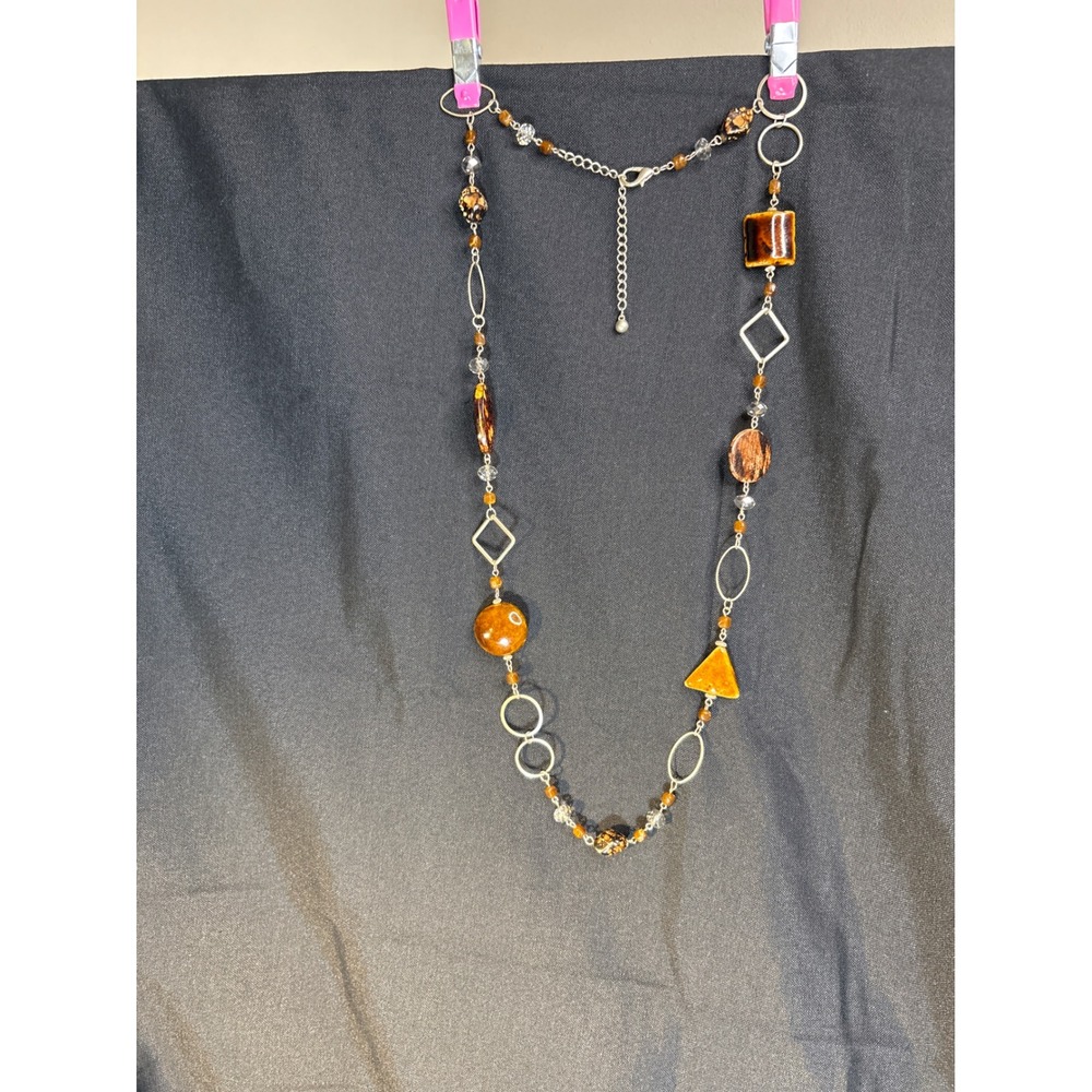 Bohemian Beaded Necklace‎ Amber Brown Geometric Shapes Long Statement Pendant
